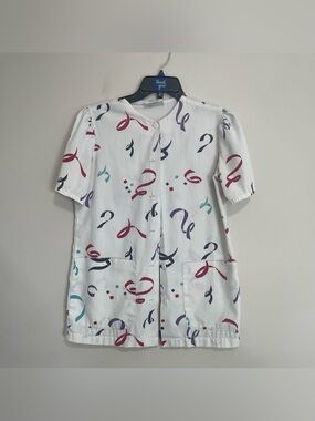 White Swan ~ Working Scrubs ~Button Front Short‎ Sleeve Jacket w/Colorful Swirls